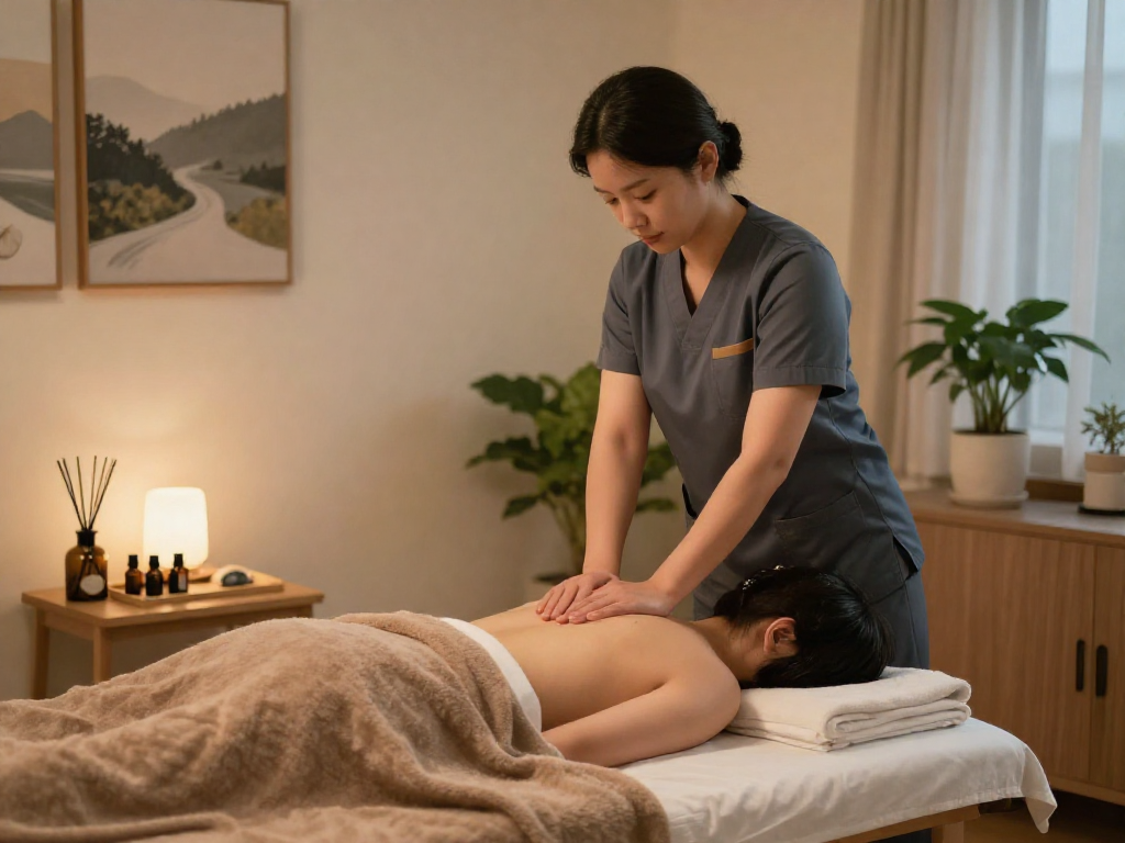 Relaxing atmosphere for 강서구출장안마 with a therapist giving a massage, calming decor, and soft lighting.