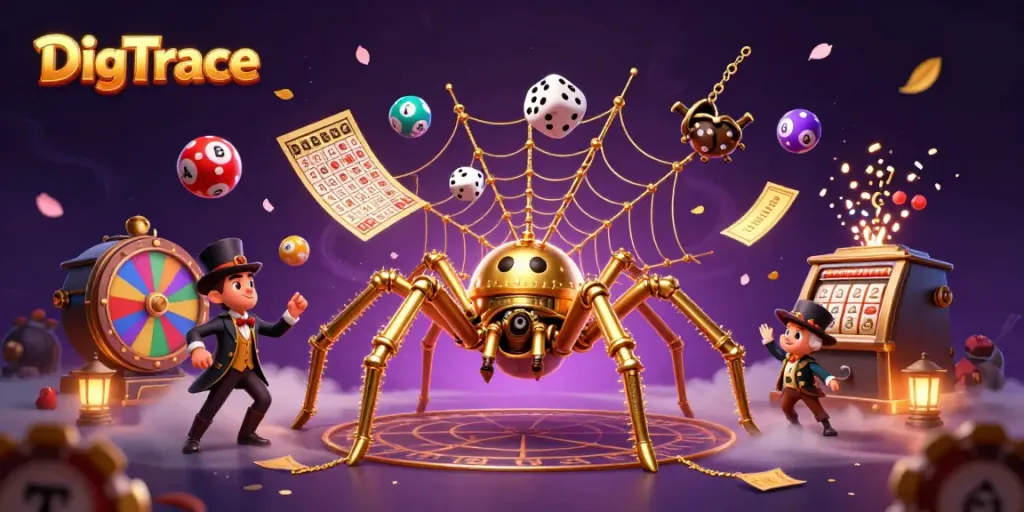 Engage with DigTrace using a steampunk golden spider and lottery elements in a dynamic casino-themed illustration.