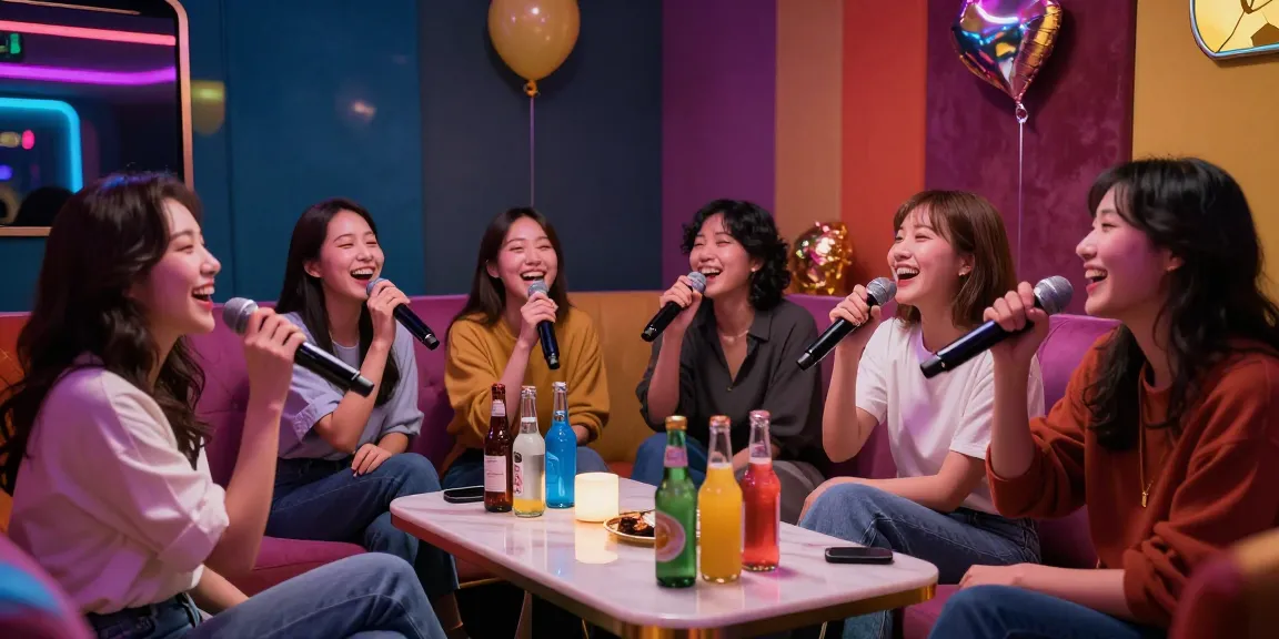 강남가라오케에서 즐거운 시간을 보내는 친구들, 화려한 조명과 편안한 좌석으로 꾸며진 공간