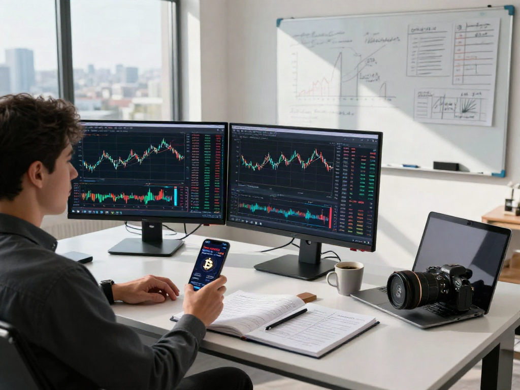 BTC 가격 분석 중인 금융 전문가의 모습과 데이터 차트가 포함된 이미지