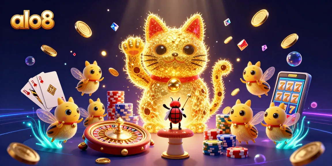 Experience luck with alo8's golden lucky cat symbol, surrounded by a vibrant casino-themed scene.