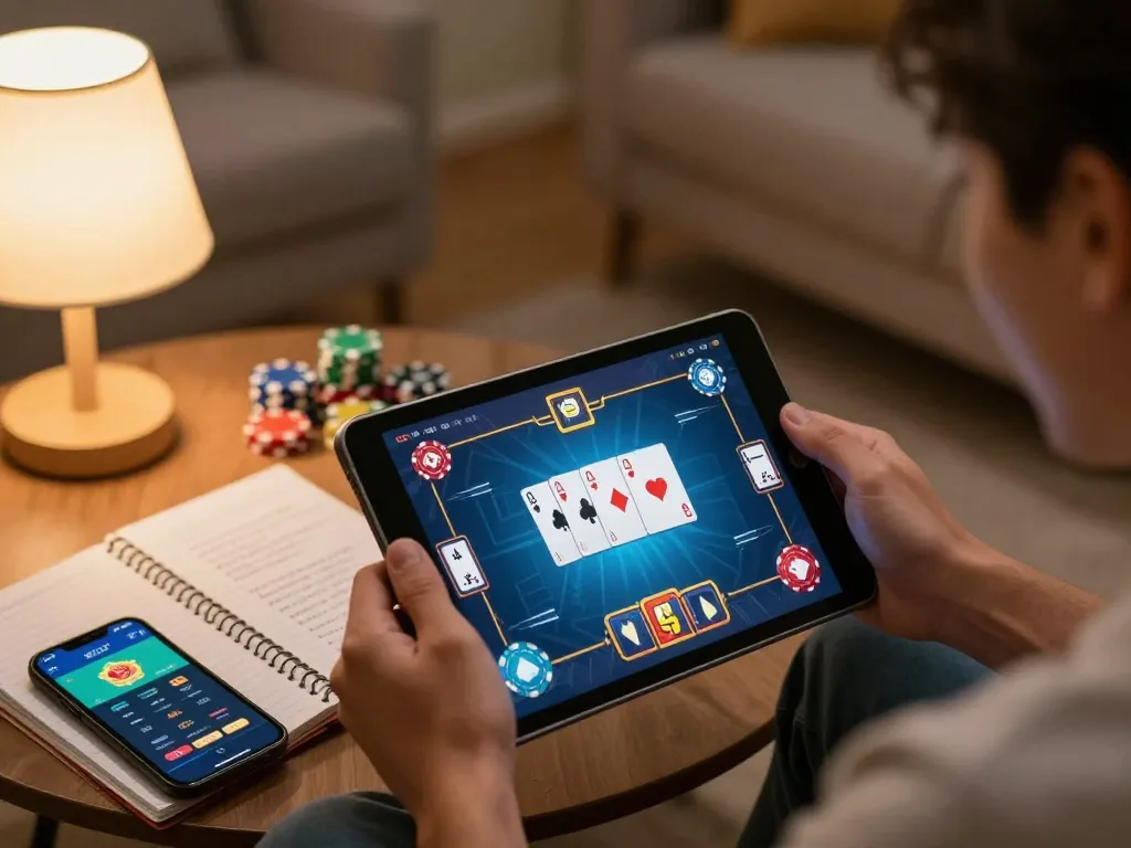 Engaged player enjoying gamebaidoithuong on tablet, showcasing strategic online poker gameplay.
