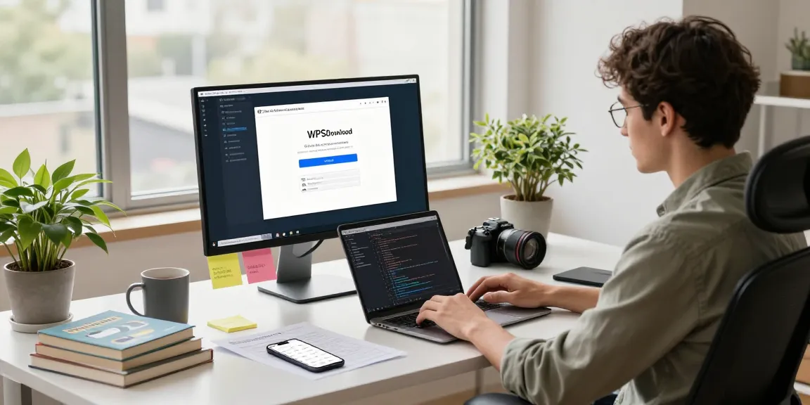 WPS Download interface on a modern developer's workspace with tech tools.