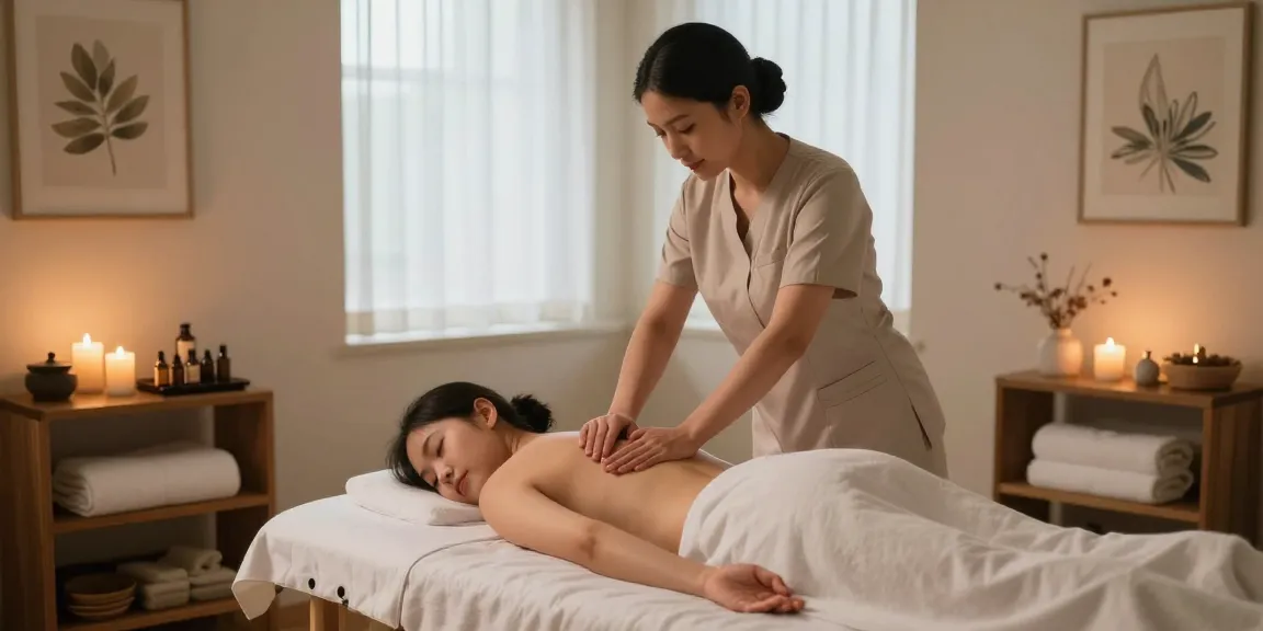 대전마사지 전문 마사지 치료실에서 편안한 분위기 속에 고객에게 스웨디시 테라피를 제공하는 모습