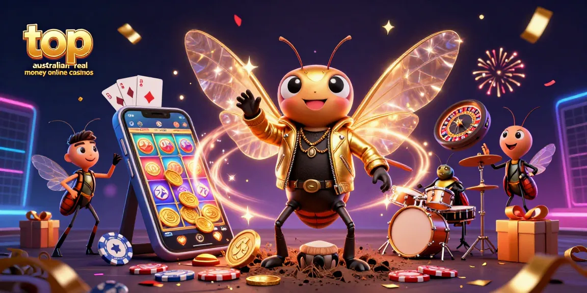 Engaging scene showcasing top australian real money online casinos with a cicada rock star and vibrant gaming elements.