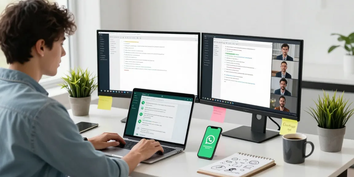 Professional workspace with WhatsApp網頁版 on laptop, showcasing digital communication