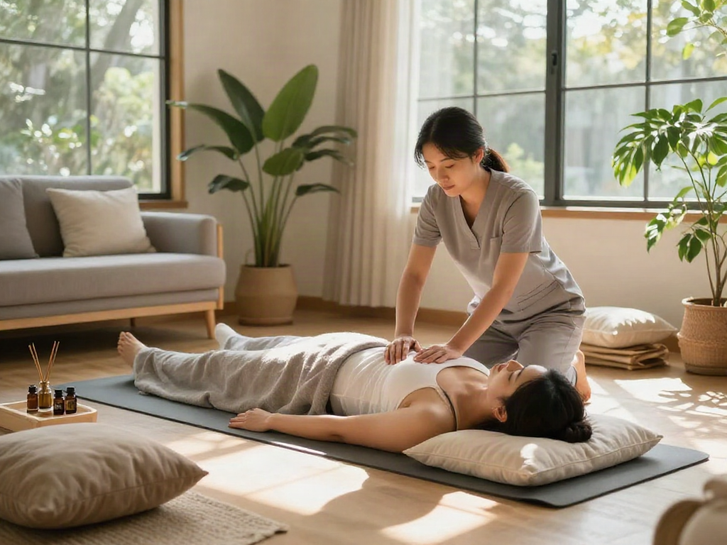 Offering 용인출장안마 in a cozy home setting, a therapist creates a tranquil atmosphere with soft cushions and essential oils.