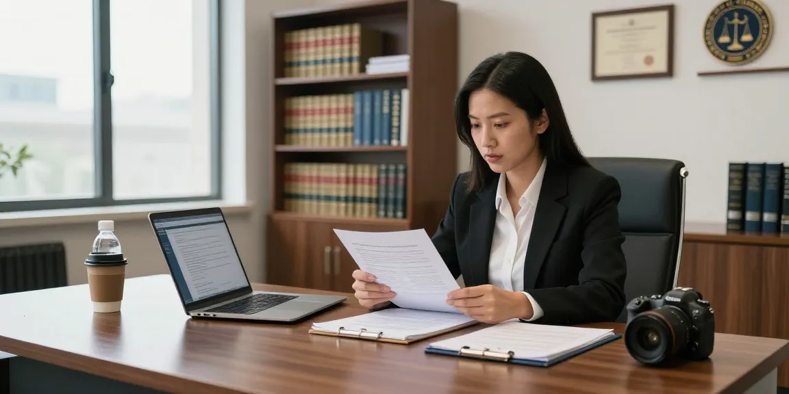 Speaking of legal expertise, a lawyer reviews documents in a modern office, enhancing client trust.