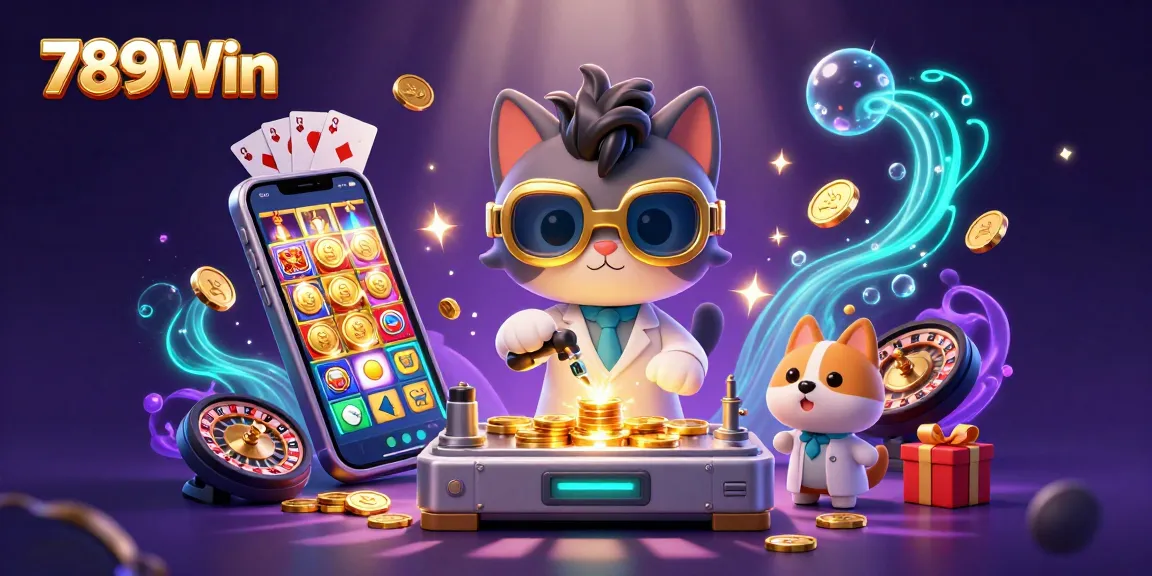 Engage in thrilling casino action with 789Win's dynamic 3D illustration featuring a mad scientist cat and a dog assistant amidst spinning slot games and golden coins.