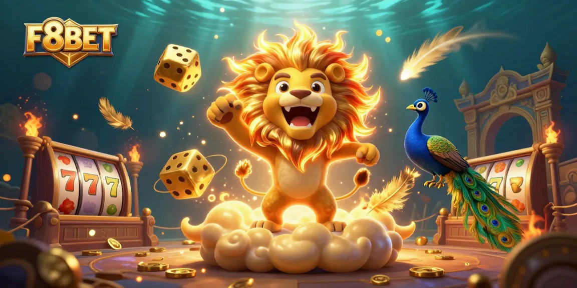Experience thrilling gameplay with F8BET's dynamic 3D illustration featuring vibrant casino elements and golden characters.